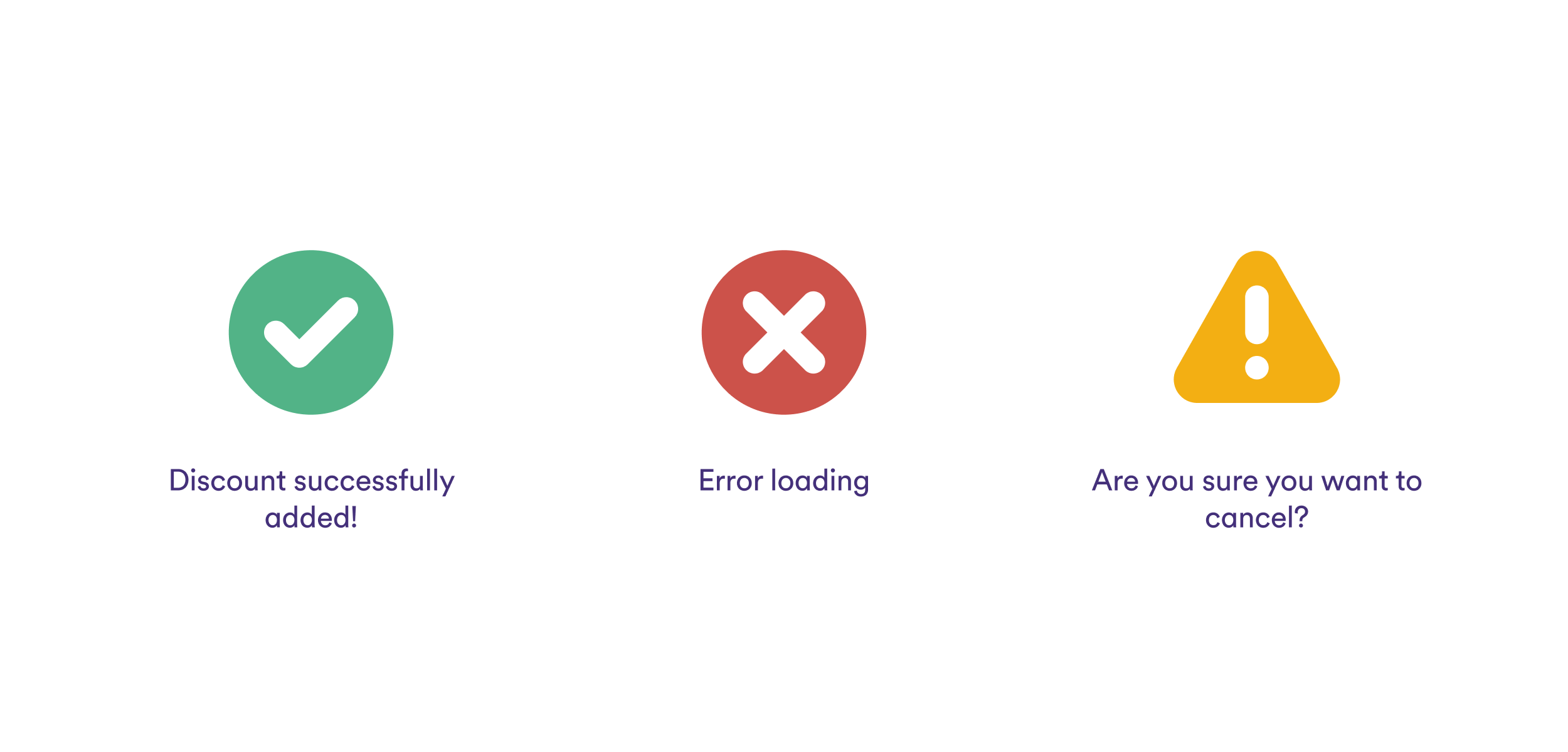 The image has three illustrations, each followed by a text. The first is a green check symbol, with the text "Discount successfully added". The second is a red X, with the text "Error loading". And the third a yellow exclamation, with the text "Are you sure you want to cancel?".