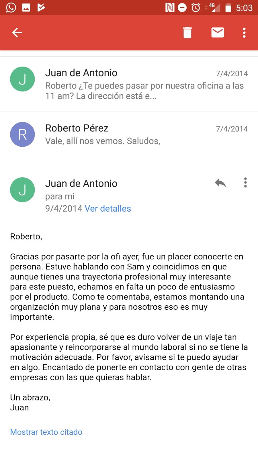 Email between Roberto Perez and Juan de Antonio