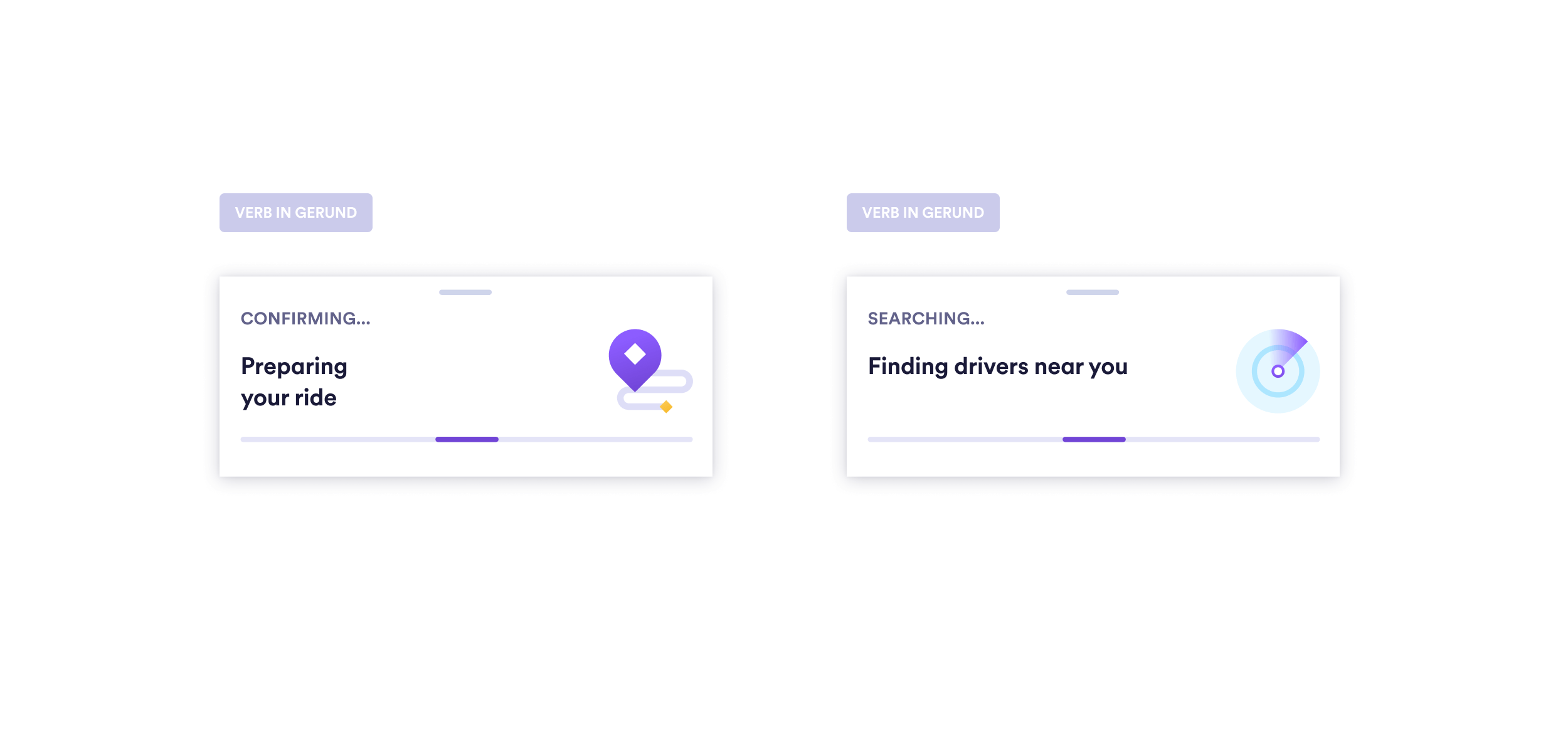 The image consists of two progress bars, referring to the status of a vehicle request. Both boxes have a "Verb in gerund" tag. In the first, we have the text "Confirming… Preparing your ride" and in the second we have the text "Searching… Finding drivers near you".