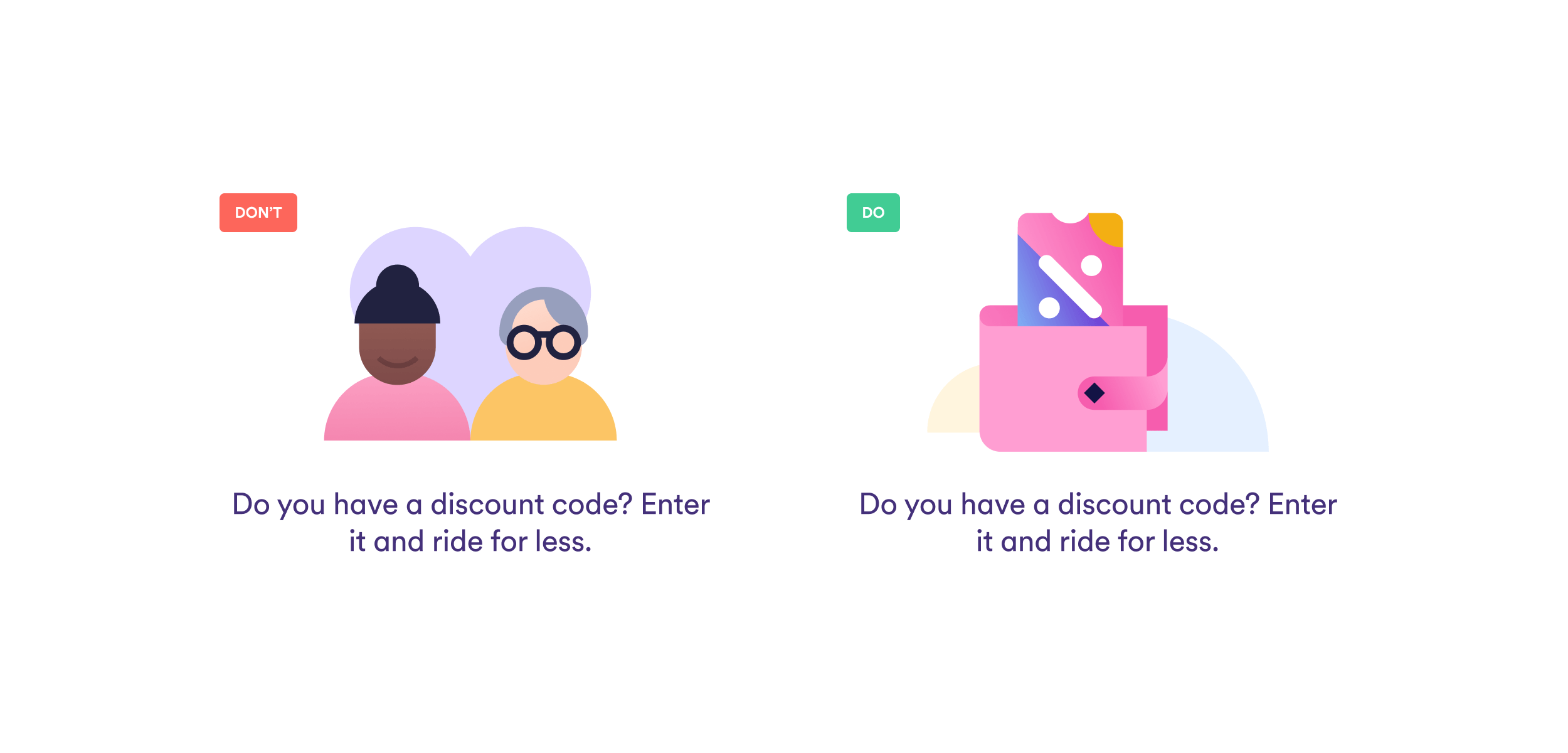 The image has two illustrations, followed by the text “Do you have a discount code? Enter it and ride for less.” The first, with a DON'T tag, has two human figures, and the second, with a DO tag, is a wallet with a discount code.